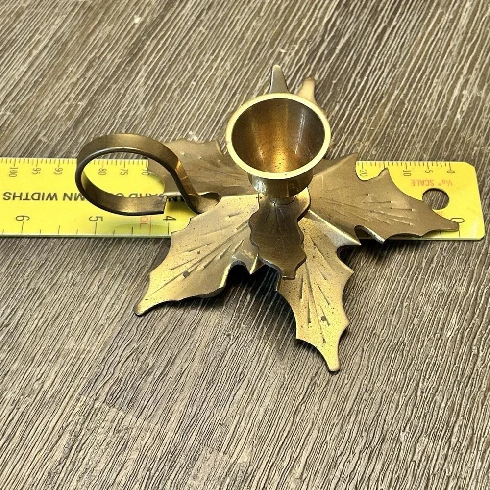 Vtg Solid Brass Leaf Shaped‎ Tapered Candle Holder Christmas - India Archana
